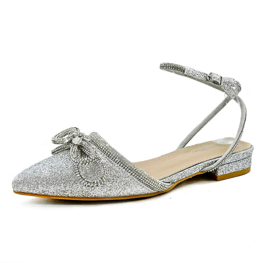New Silver Bow Rhinestone Flats Blingy Ankle Straps